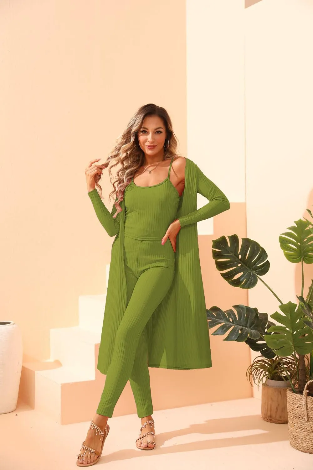 BDAILKA Women's 3 Piece Lounge Set Casual Ribbed Long Sleeve Cardigan Halter Top Drawstring Pants Lounge Sets
