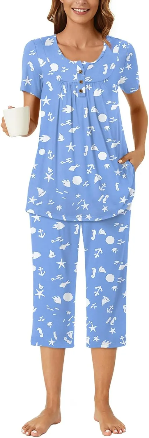 Bestbee Womens Pajama Sets 2 Piece Summer Sleepwear Ladies Pjs Henley Neck Short Sleeve Capri Pant With Pockets