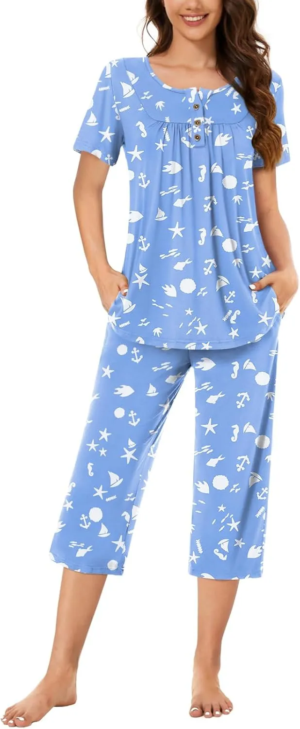 Bestbee Womens Pajama Sets 2 Piece Summer Sleepwear Ladies Pjs Henley Neck Short Sleeve Capri Pant With Pockets