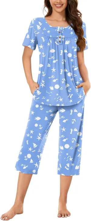 Bestbee Womens Pajama Sets 2 Piece Summer Sleepwear Ladies Pjs Henley Neck Short Sleeve Capri Pant With Pockets