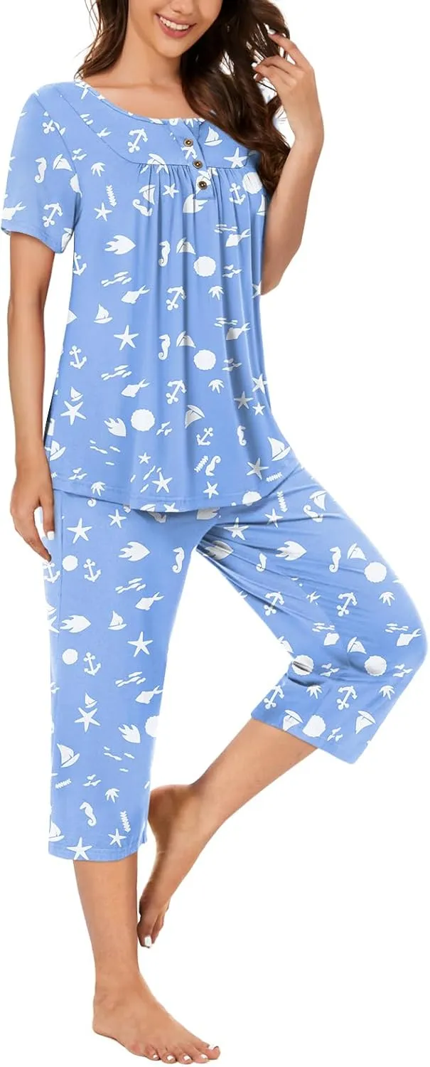 Bestbee Womens Pajama Sets 2 Piece Summer Sleepwear Ladies Pjs Henley Neck Short Sleeve Capri Pant With Pockets