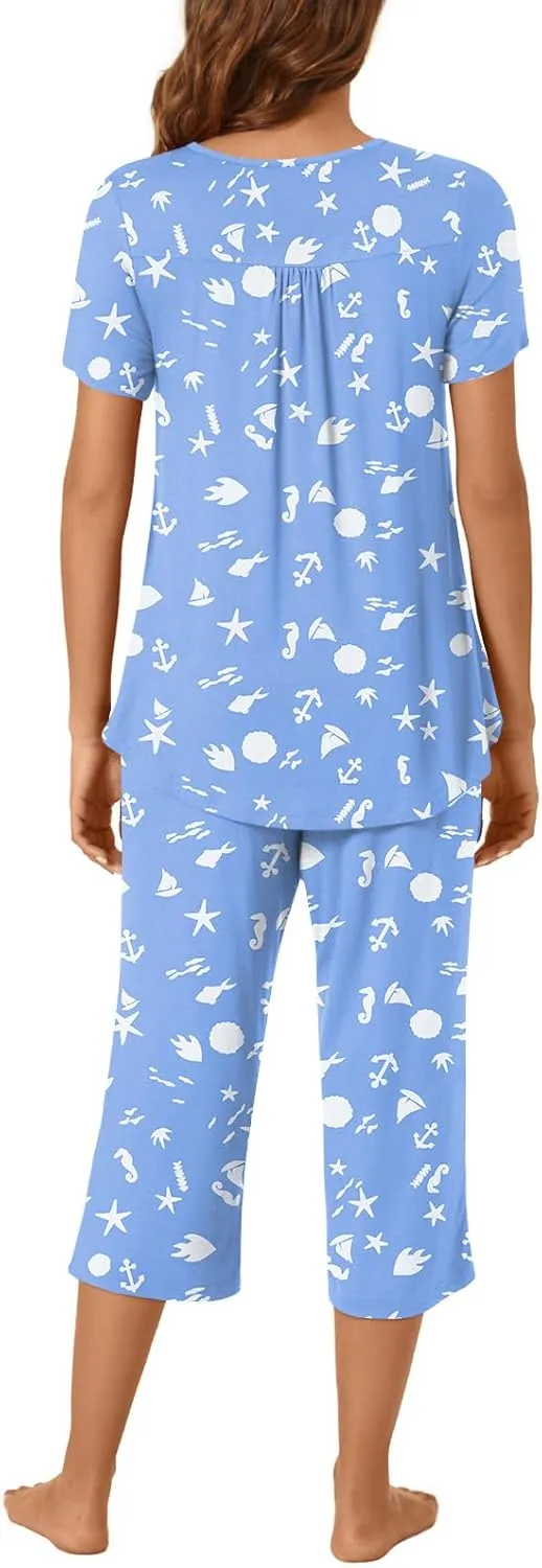 Bestbee Womens Pajama Sets 2 Piece Summer Sleepwear Ladies Pjs Henley Neck Short Sleeve Capri Pant With Pockets