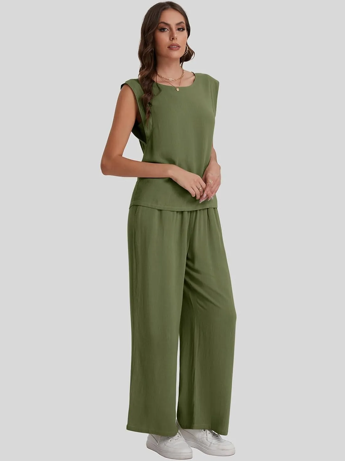 Bloggerlove Womens Summer 2 Piece Outfits Sleeveless Tank Top Wide Leg Pants Linen Jumpsuits Lounge Matching Beach Sets