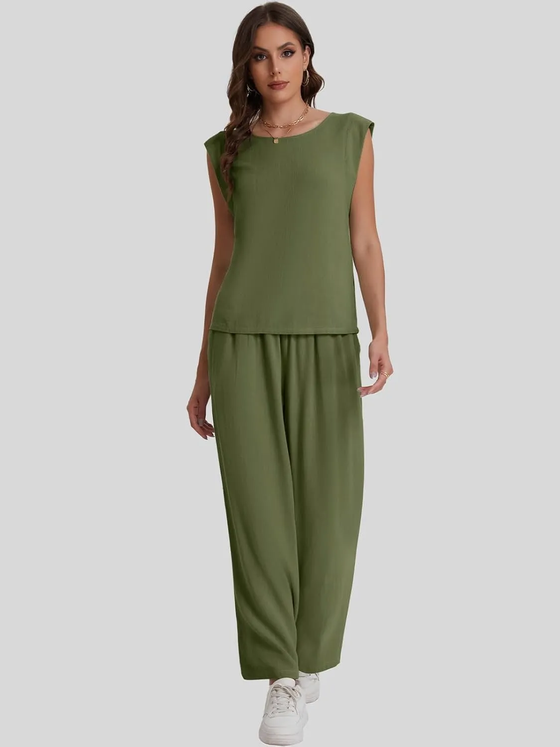 Bloggerlove Womens Summer 2 Piece Outfits Sleeveless Tank Top Wide Leg Pants Linen Jumpsuits Lounge Matching Beach Sets