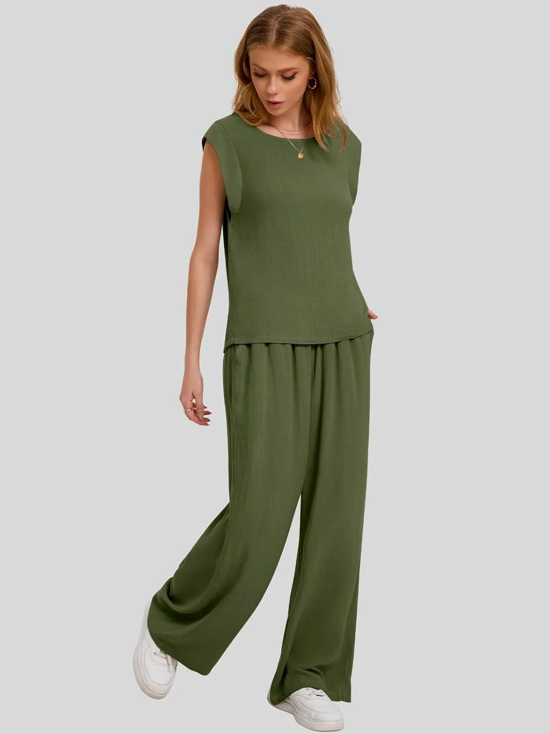 Bloggerlove Womens Summer 2 Piece Outfits Sleeveless Tank Top Wide Leg Pants Linen Jumpsuits Lounge Matching Beach Sets
