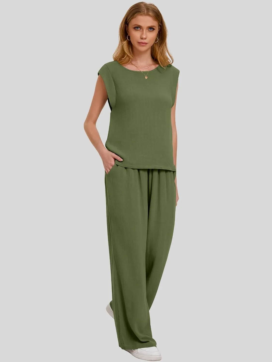 Bloggerlove Womens Summer 2 Piece Outfits Sleeveless Tank Top Wide Leg Pants Linen Jumpsuits Lounge Matching Beach Sets