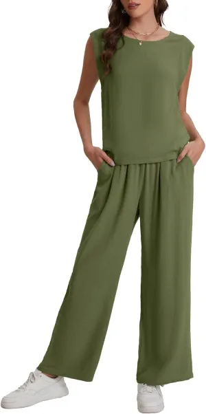 Bloggerlove Womens Summer 2 Piece Outfits Sleeveless Tank Top Wide Leg Pants Linen Jumpsuits Lounge Matching Beach Sets