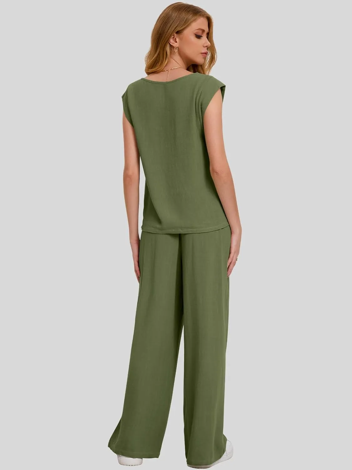 Bloggerlove Womens Summer 2 Piece Outfits Sleeveless Tank Top Wide Leg Pants Linen Jumpsuits Lounge Matching Beach Sets