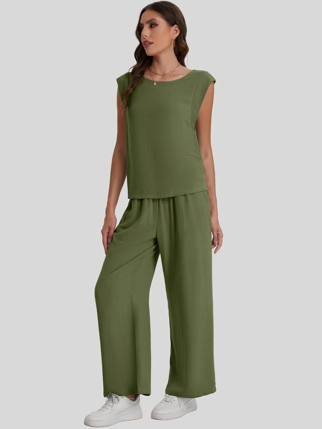 Bloggerlove Womens Summer 2 Piece Outfits Sleeveless Tank Top Wide Leg Pants Linen Jumpsuits Lounge Matching Beach Sets