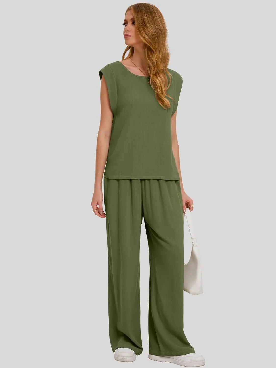 Bloggerlove Womens Summer 2 Piece Outfits Sleeveless Tank Top Wide Leg Pants Linen Jumpsuits Lounge Matching Beach Sets