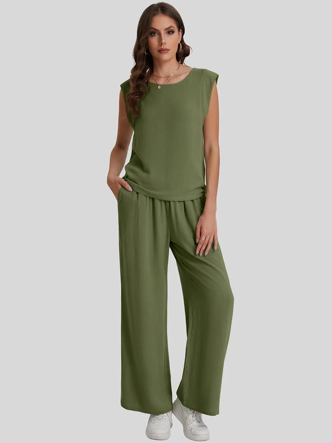 Bloggerlove Womens Summer 2 Piece Outfits Sleeveless Tank Top Wide Leg Pants Linen Jumpsuits Lounge Matching Beach Sets