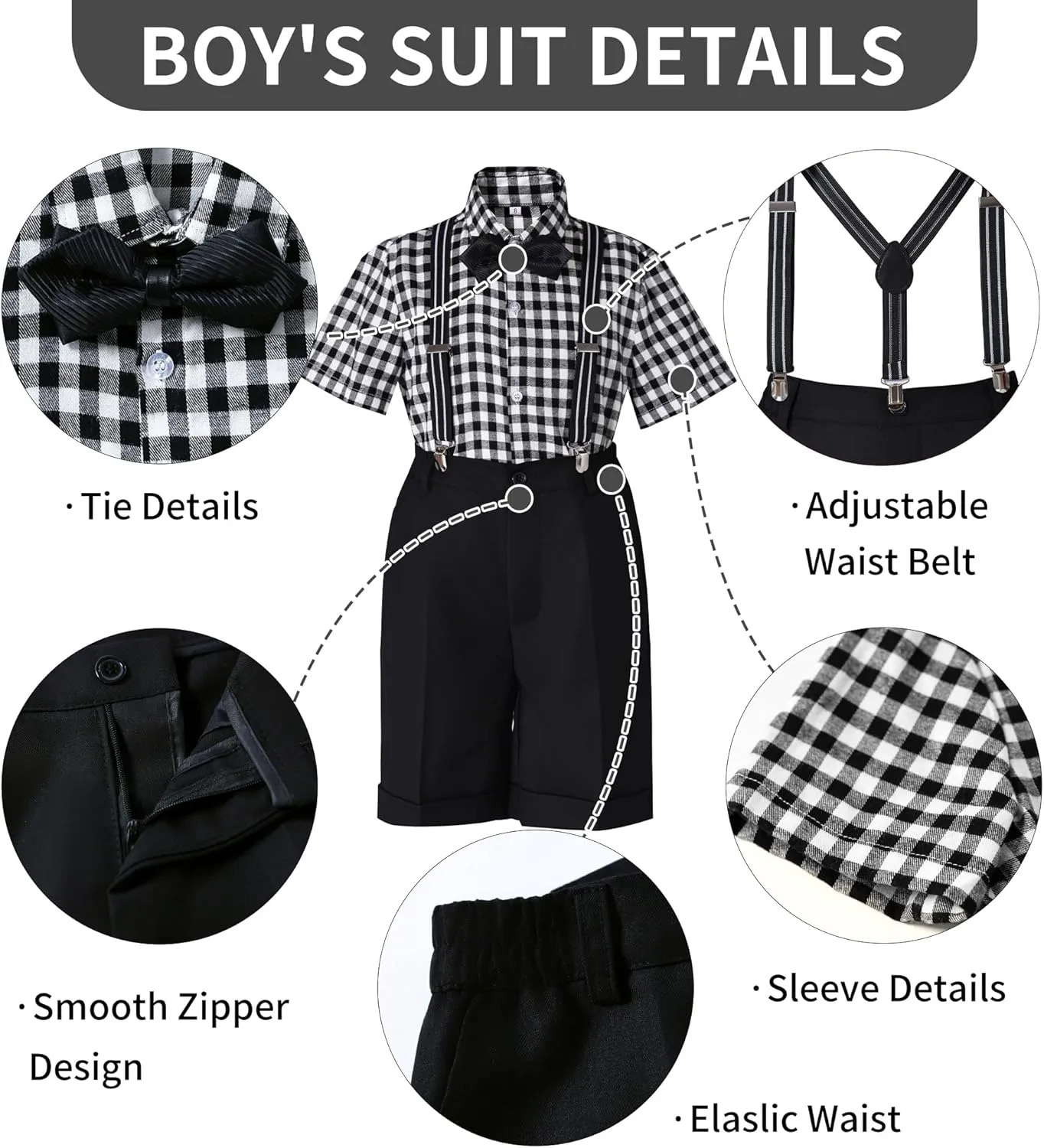 Boys Suits Set Summer Cotton Plaid Tollder Ring Bearer Outfit with Suspender Wedding Short