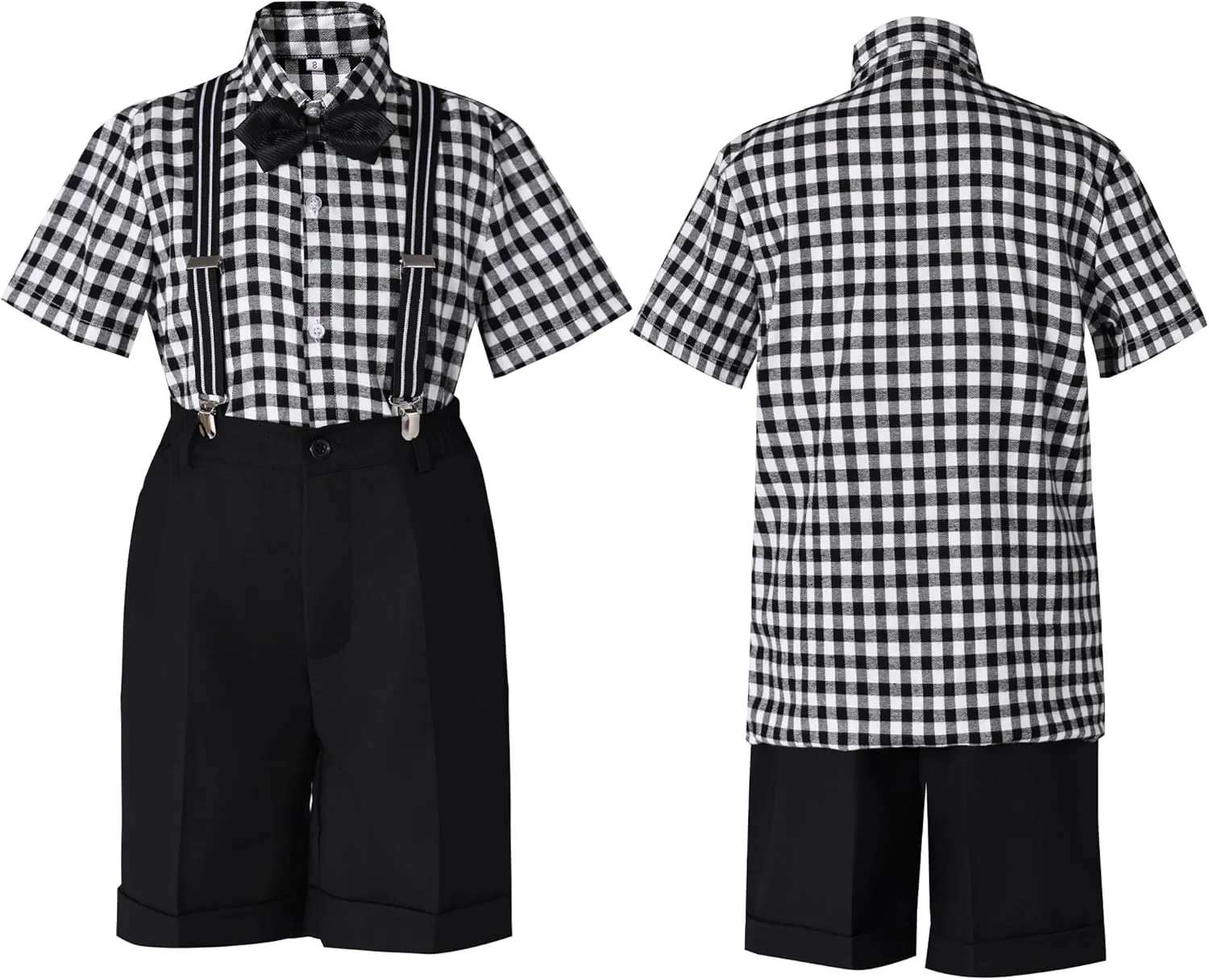 Boys Suits Set Summer Cotton Plaid Tollder Ring Bearer Outfit with Suspender Wedding Short