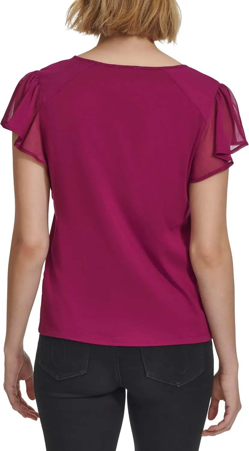 Calvin Klein Women's Crew Neck Blouse with Chiffon Sleeve