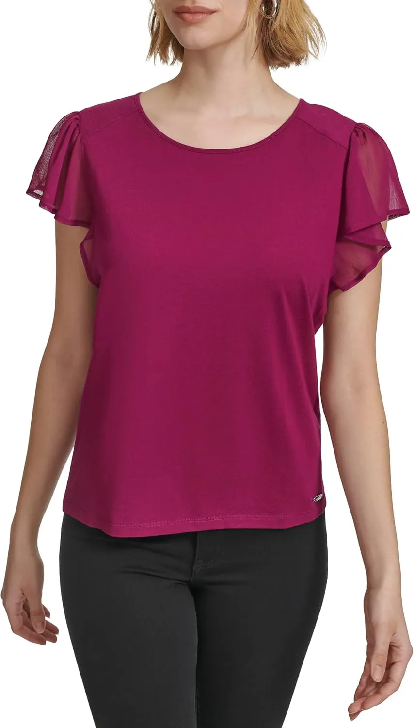 Calvin Klein Women's Crew Neck Blouse with Chiffon Sleeve