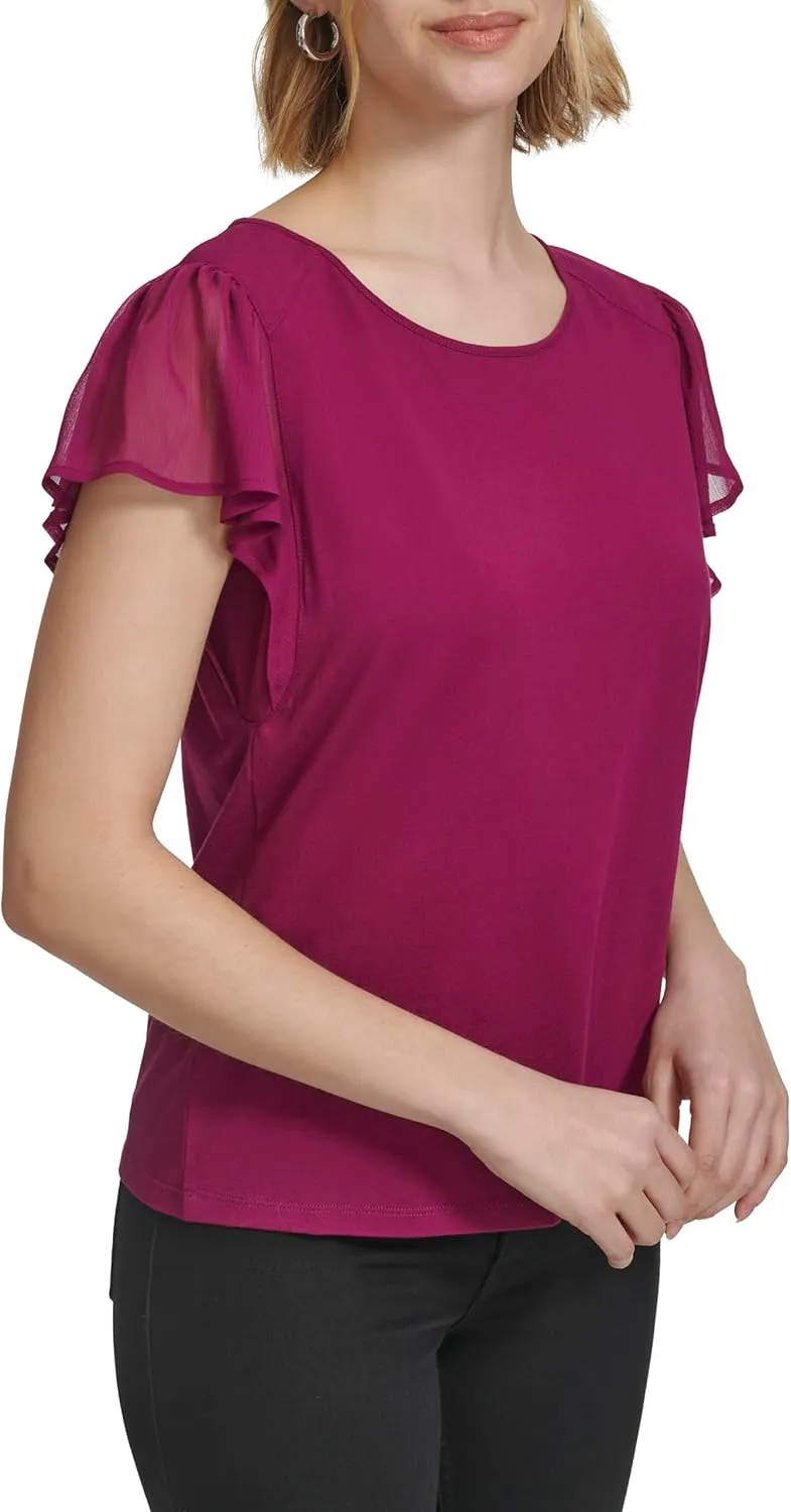 Calvin Klein Women's Crew Neck Blouse with Chiffon Sleeve