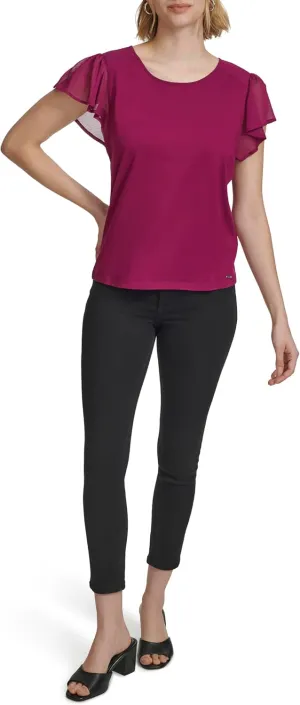 Calvin Klein Women's Crew Neck Blouse with Chiffon Sleeve