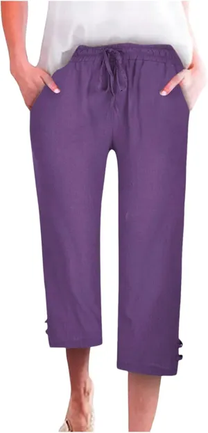Capri Pants for Women Seven Eighth Length Casual Trousers Side Pockets Split Hem Lightweight Linen Blend