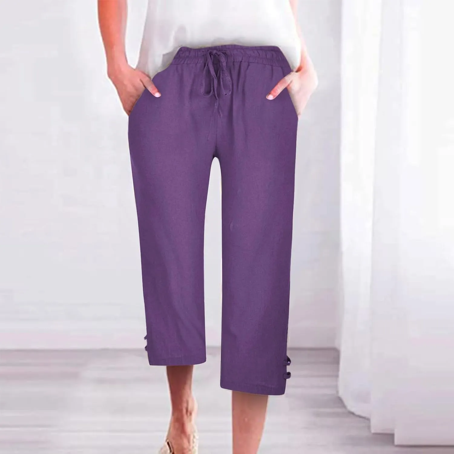 Capri Pants for Women Seven Eighth Length Casual Trousers Side Pockets Split Hem Lightweight Linen Blend