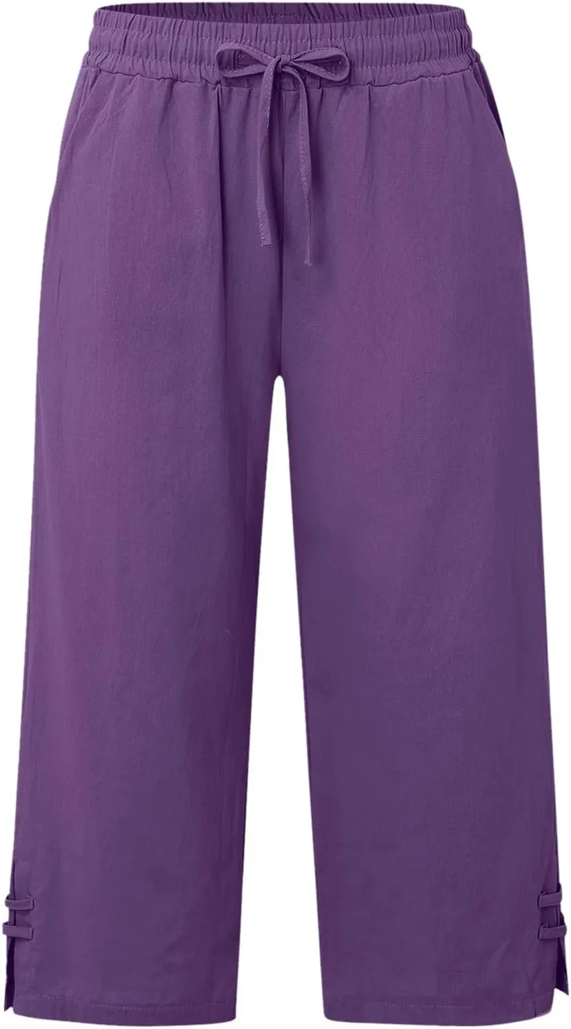 Capri Pants for Women Seven Eighth Length Casual Trousers Side Pockets Split Hem Lightweight Linen Blend
