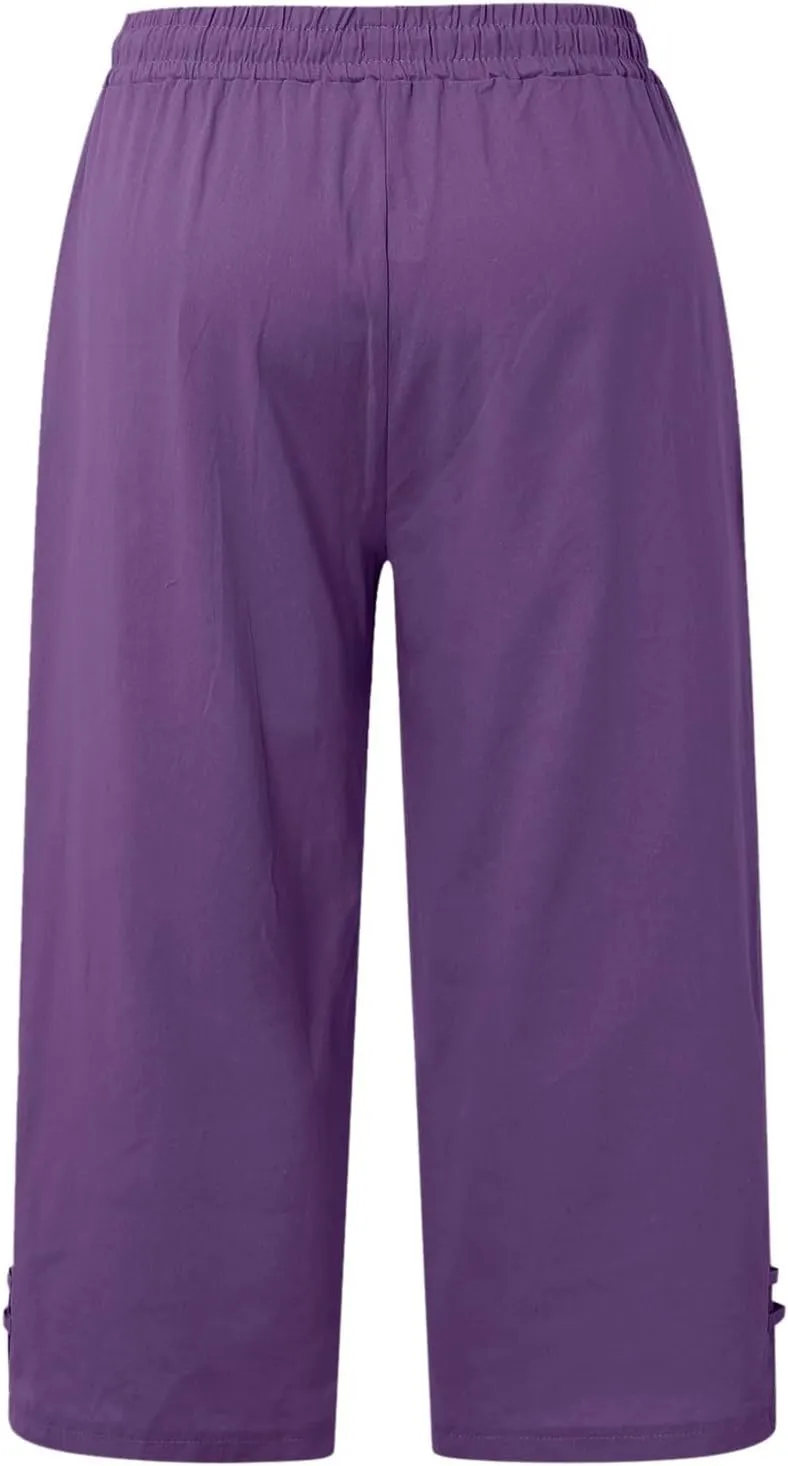 Capri Pants for Women Seven Eighth Length Casual Trousers Side Pockets Split Hem Lightweight Linen Blend