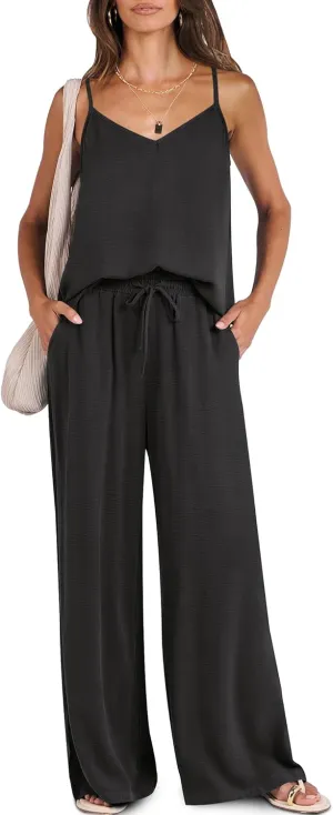 Caracilia 2 Piece Lounge Sets for Women Summer Casual Matching Wide Leg Pants Beach Travel Vacation 2025 Trendy Outfits