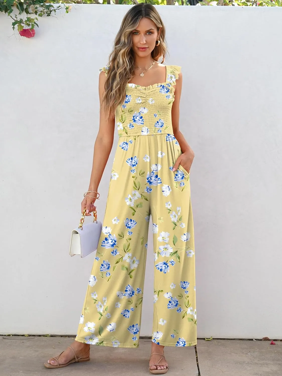 Caracilia Womens Jumpsuit Sleeveless Casual Dressy Smocked Wide Leg Rompers Summer Vacation Jumpers with Pockets 2025 Outfits