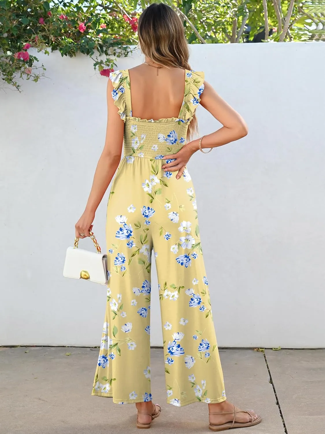Caracilia Womens Jumpsuit Sleeveless Casual Dressy Smocked Wide Leg Rompers Summer Vacation Jumpers with Pockets 2025 Outfits