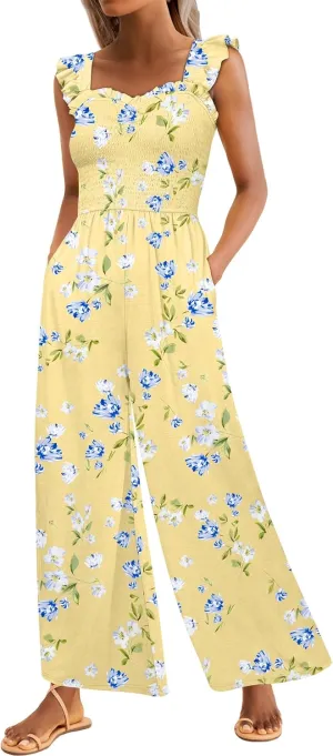 Caracilia Womens Jumpsuit Sleeveless Casual Dressy Smocked Wide Leg Rompers Summer Vacation Jumpers with Pockets 2025 Outfits