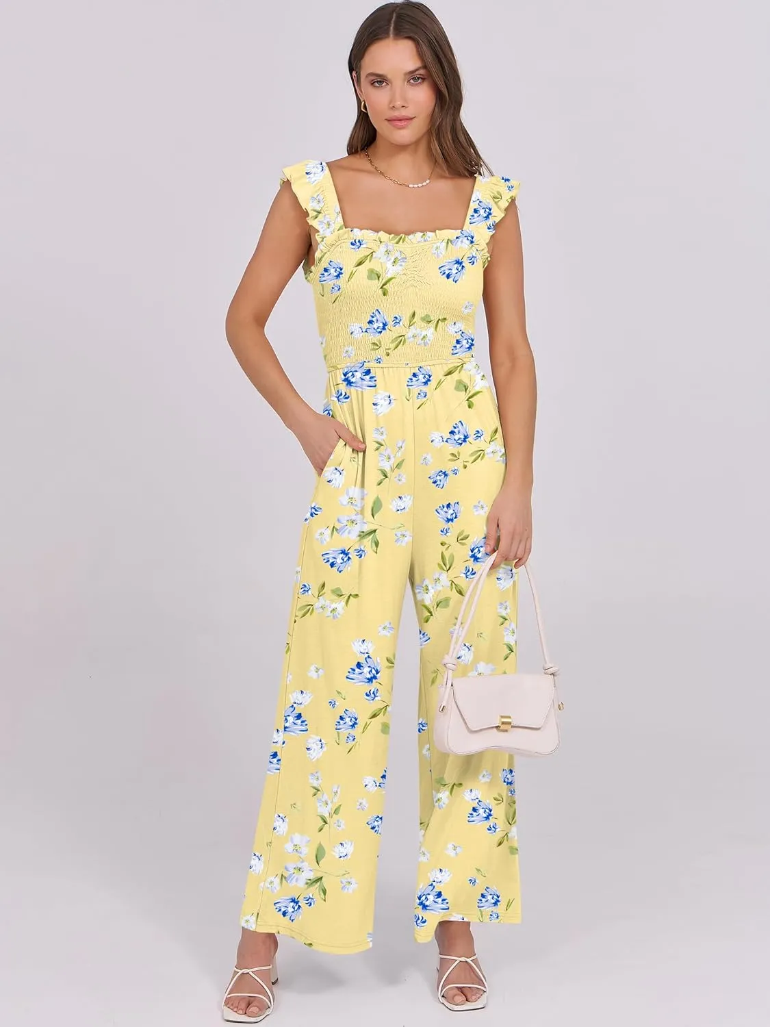 Caracilia Womens Jumpsuit Sleeveless Casual Dressy Smocked Wide Leg Rompers Summer Vacation Jumpers with Pockets 2025 Outfits