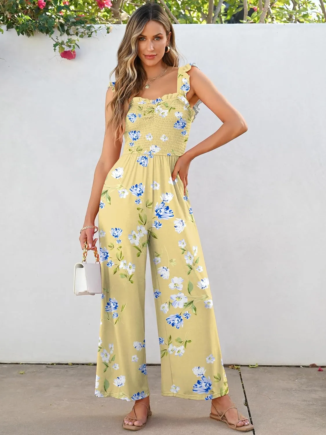 Caracilia Womens Jumpsuit Sleeveless Casual Dressy Smocked Wide Leg Rompers Summer Vacation Jumpers with Pockets 2025 Outfits