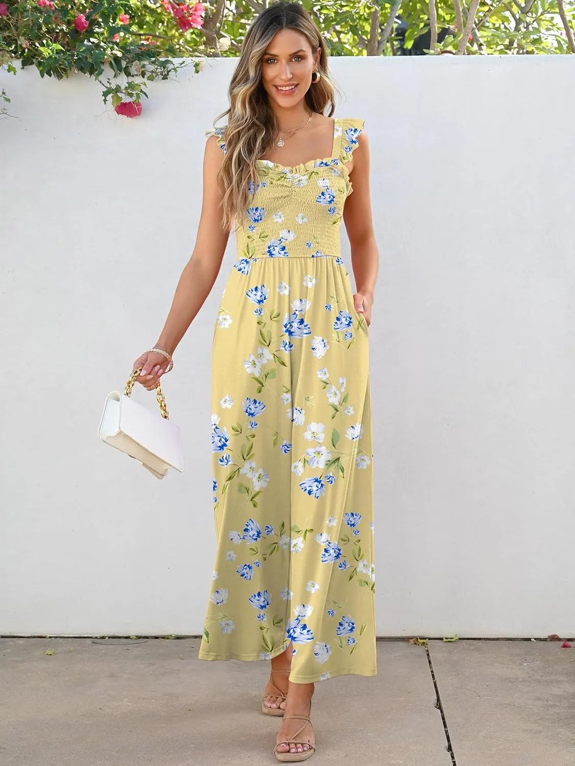 Caracilia Womens Jumpsuit Sleeveless Casual Dressy Smocked Wide Leg Rompers Summer Vacation Jumpers with Pockets 2025 Outfits