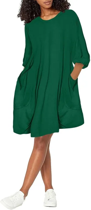 Casual Dresses for Women Summer Round Neck 3/4 Sleeve Solid Loose Long Tops Comfy Shift Plus Size Dress with Pocket