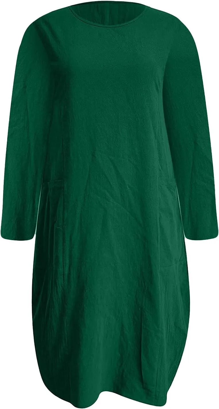 Casual Dresses for Women Summer Round Neck 3/4 Sleeve Solid Loose Long Tops Comfy Shift Plus Size Dress with Pocket