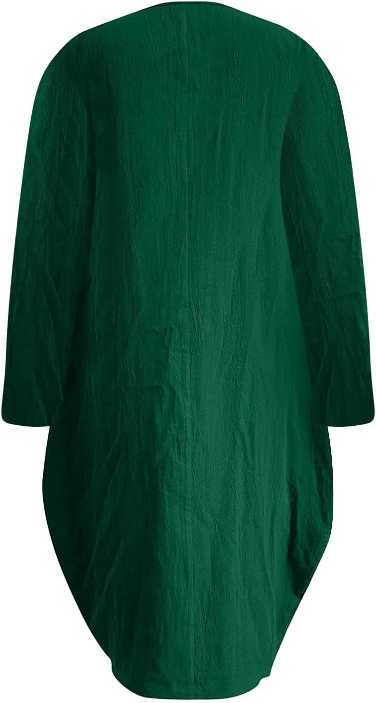 Casual Dresses for Women Summer Round Neck 3/4 Sleeve Solid Loose Long Tops Comfy Shift Plus Size Dress with Pocket