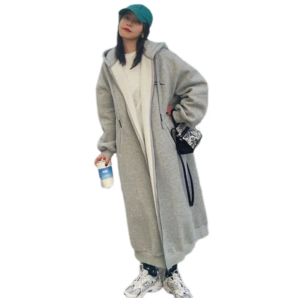 Casual Grey Oversize Zip up Hoodies Women Autumn Winter Fleece Thicken Loose Long Sleeve Hooded Sweatshirt Long Cardigan Coats