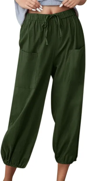 Casual Pants for Women High Waist Wide Leg Trousers Nine Tenths Length Lightweight Linen Blend Elastic Waist
