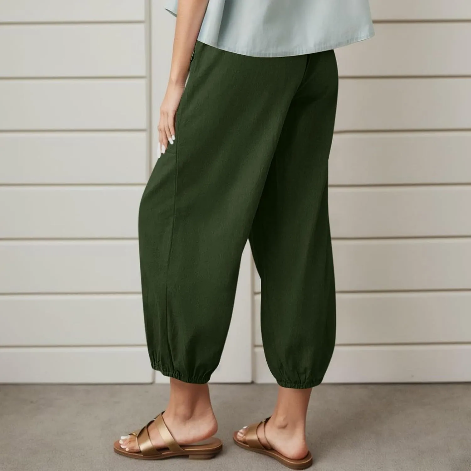 Casual Pants for Women High Waist Wide Leg Trousers Nine Tenths Length Lightweight Linen Blend Elastic Waist