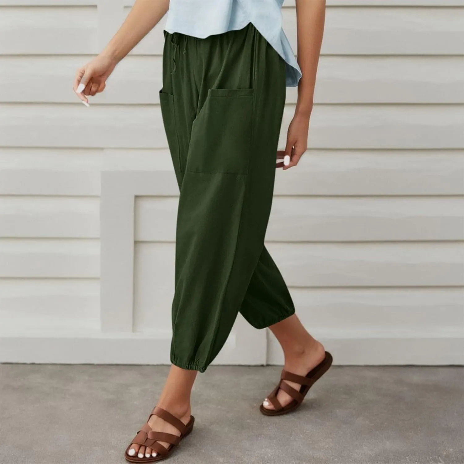 Casual Pants for Women High Waist Wide Leg Trousers Nine Tenths Length Lightweight Linen Blend Elastic Waist