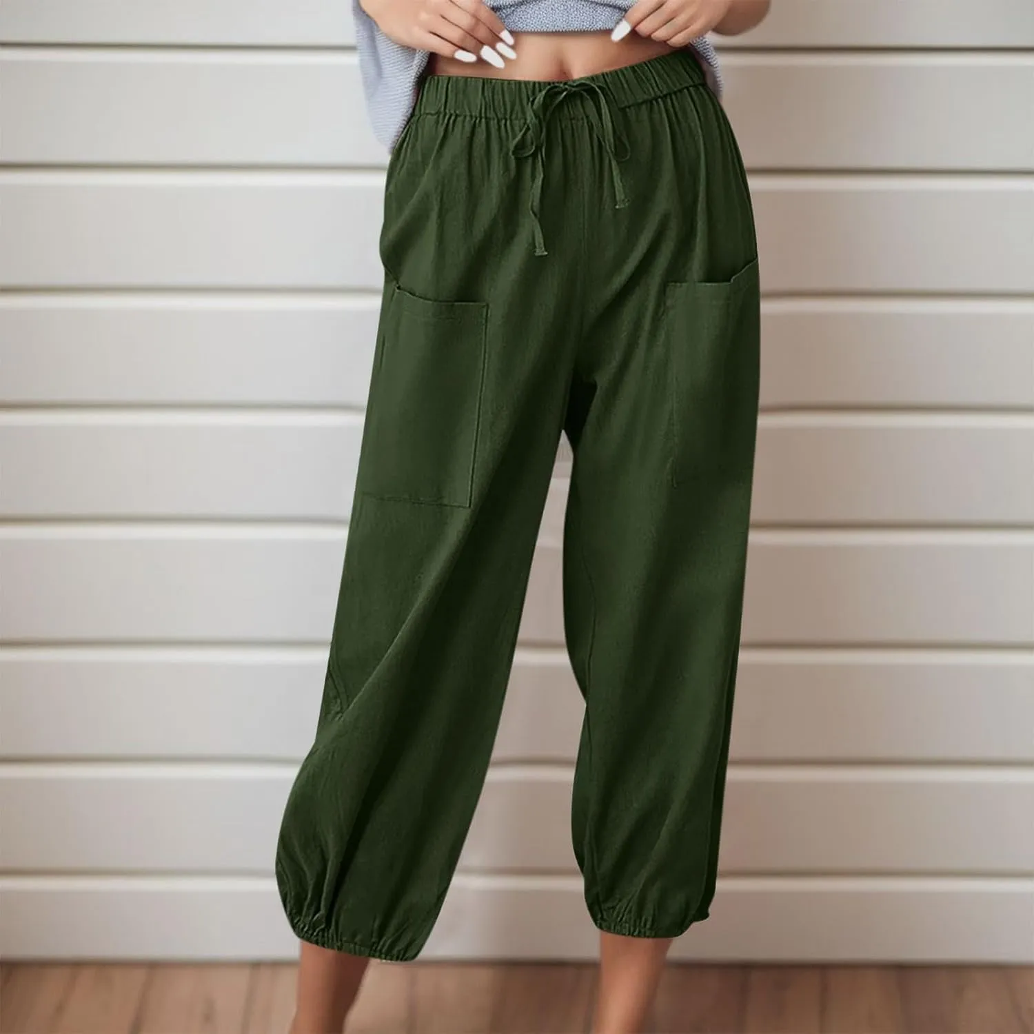 Casual Pants for Women High Waist Wide Leg Trousers Nine Tenths Length Lightweight Linen Blend Elastic Waist