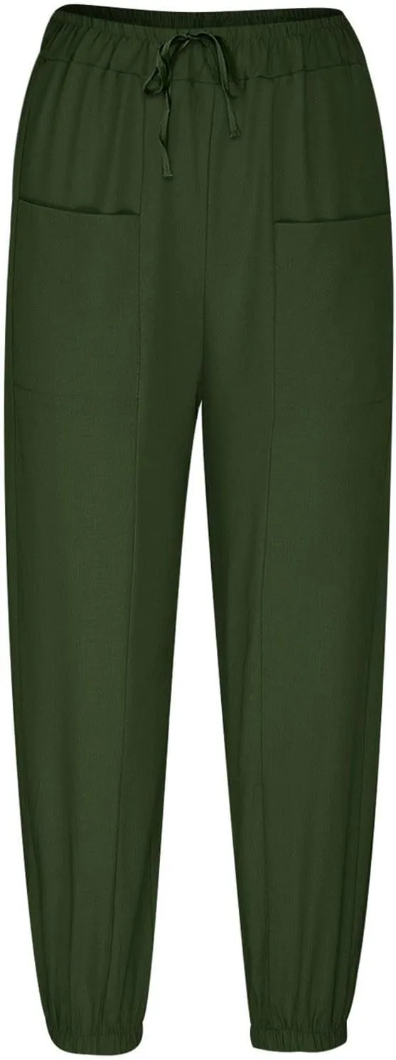 Casual Pants for Women High Waist Wide Leg Trousers Nine Tenths Length Lightweight Linen Blend Elastic Waist