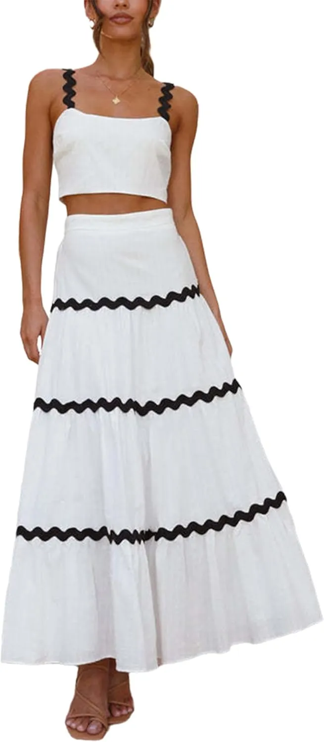 cffvdiz Women's Skirt Set Sleeveless Striped Patchwork Camisole Tank Top and Patchwork Long Skirt 2 Piece Outfits