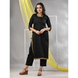 CHARUKRITI Black Satin Solid Straight Kurta with Pant (Set of 2)