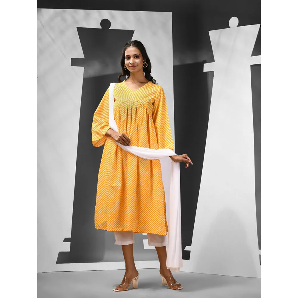 CHARUKRITI Yellow Cotton Leheriya Print Kurta with Pant & Dupatta (Set of 3)