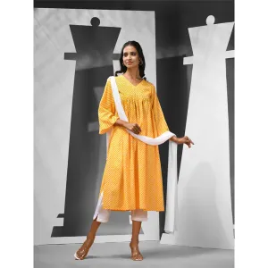 CHARUKRITI Yellow Cotton Leheriya Print Kurta with Pant & Dupatta (Set of 3)