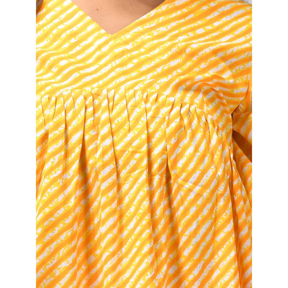 CHARUKRITI Yellow Cotton Leheriya Print Kurta with Pant & Dupatta (Set of 3)