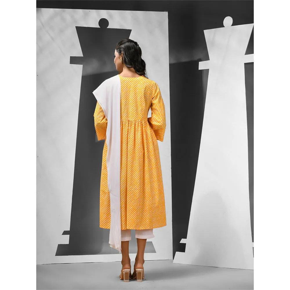 CHARUKRITI Yellow Cotton Leheriya Print Kurta with Pant & Dupatta (Set of 3)