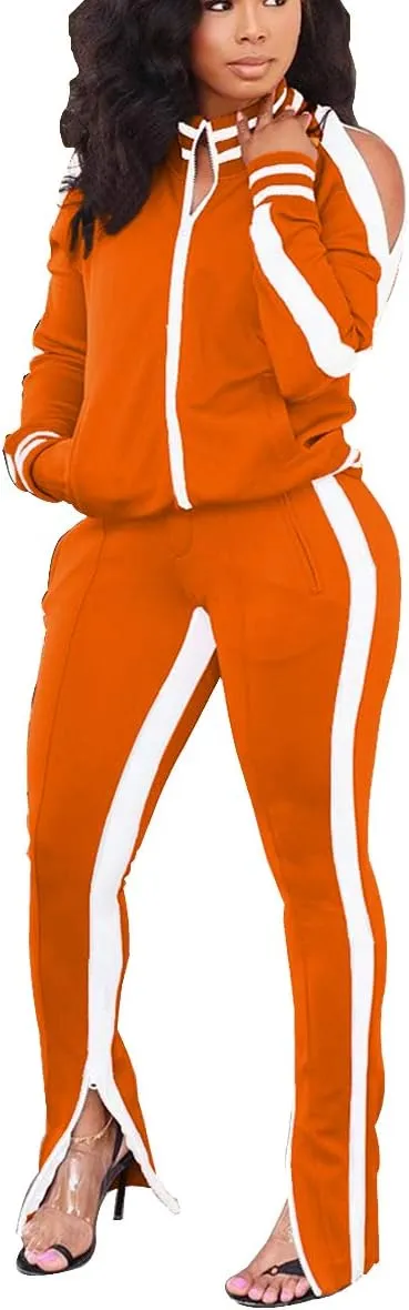 Choichic Jogging Suits for Women - Sweat Suits Set Zipper Hoodies Sweatshirt   Wide Leg Slit Pants Tracksuit Set