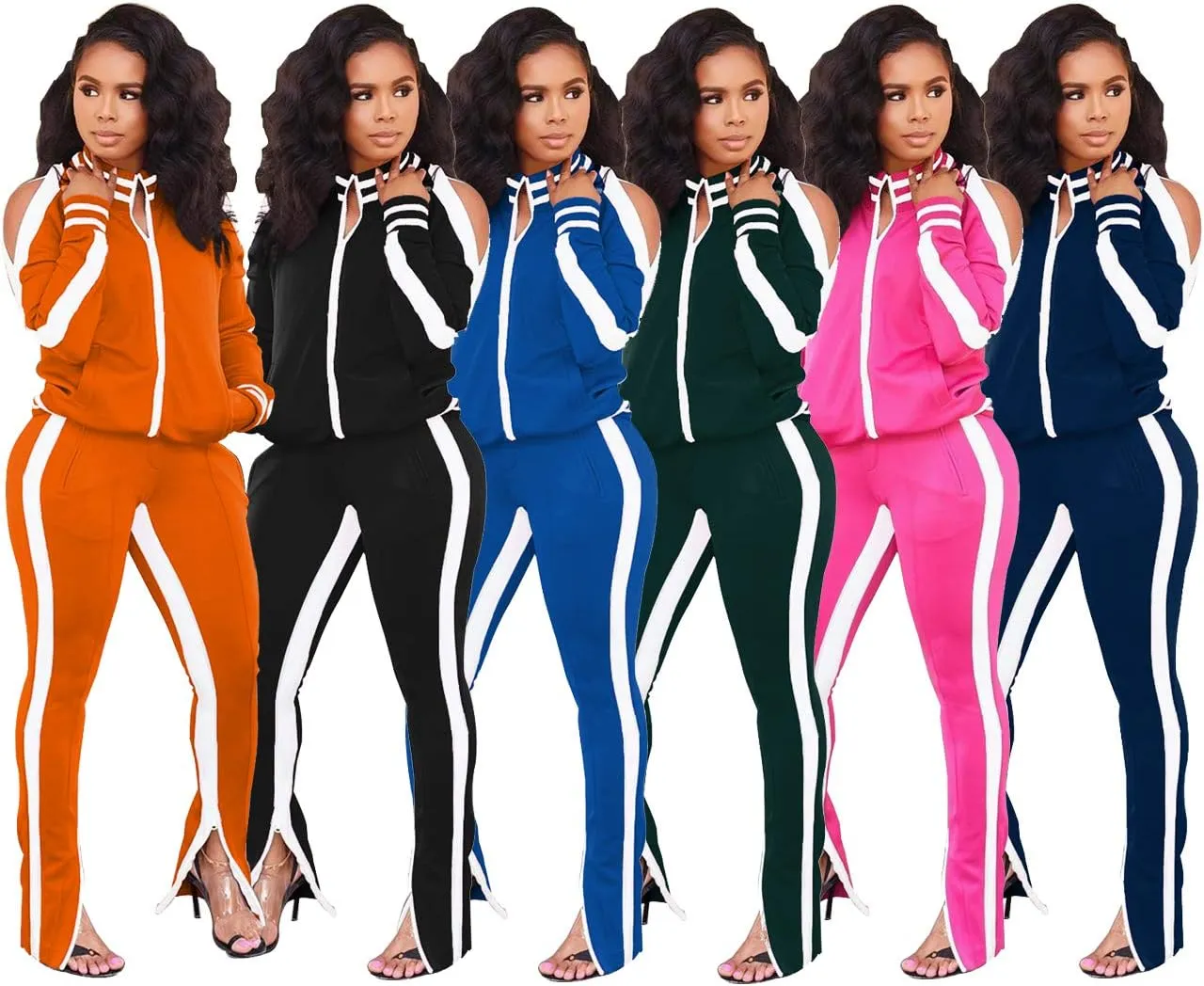 Choichic Jogging Suits for Women - Sweat Suits Set Zipper Hoodies Sweatshirt   Wide Leg Slit Pants Tracksuit Set