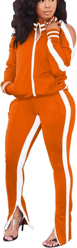 Choichic Jogging Suits for Women - Sweat Suits Set Zipper Hoodies Sweatshirt   Wide Leg Slit Pants Tracksuit Set